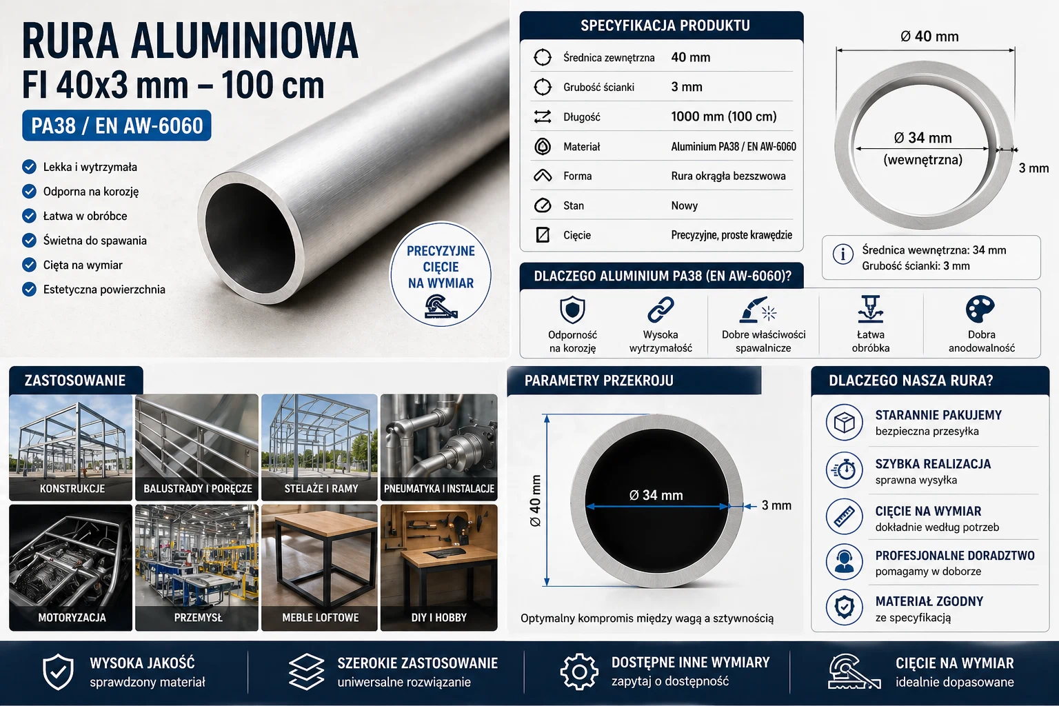Rura aluminiowa fi 40x3 mm 100 cm PA38 EN AW-6060 – przekrój, grubość ścianki i zastosowanie